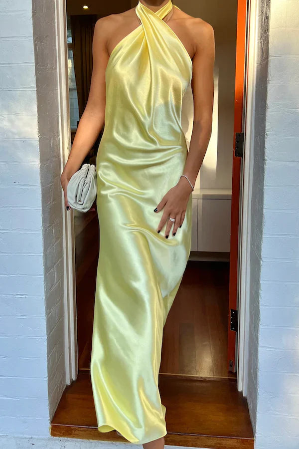 Luolandi Yellow Halter Backless Long Prom Dress Wedding Guest Dress Elegant Party Dress